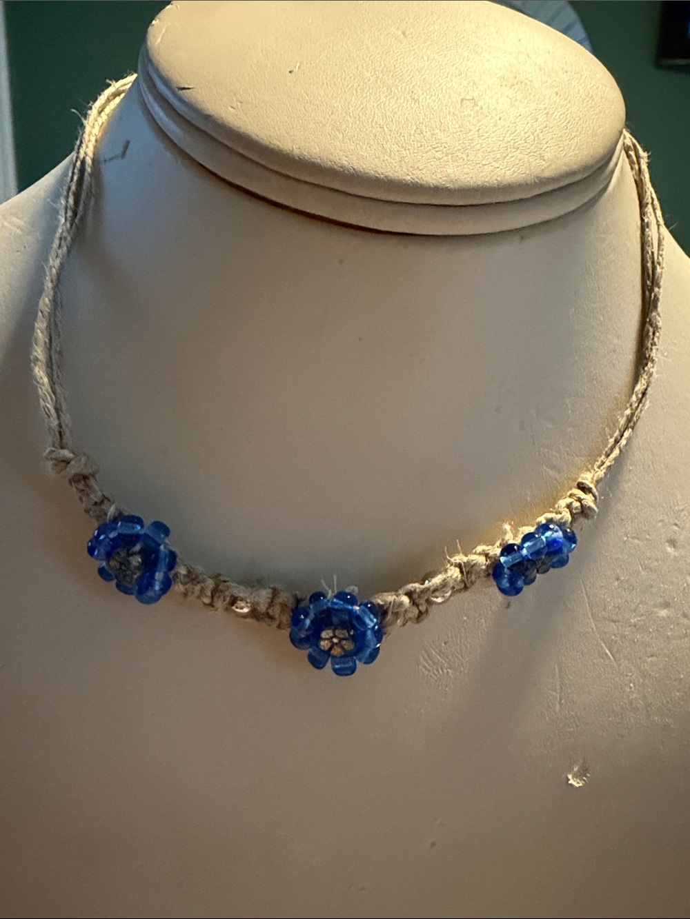 Handcrafted Blue Flower Bead Hemp Necklace